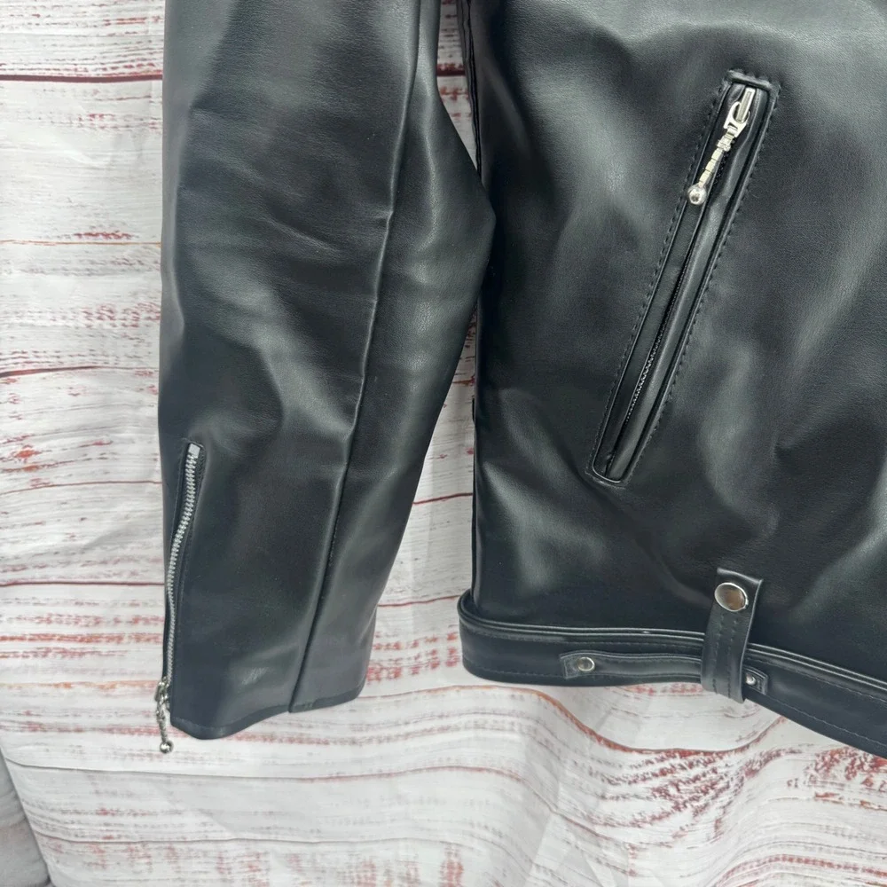 Straight to Hell Moto‎ Jacket Large Black Faux Leather Red Quilted Lined Belted